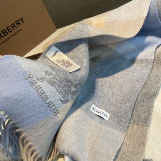 Replica Dettagli perfetti Scialle cashmere con motivo check Burberry e bordi sfrangiati blu 60 x 180