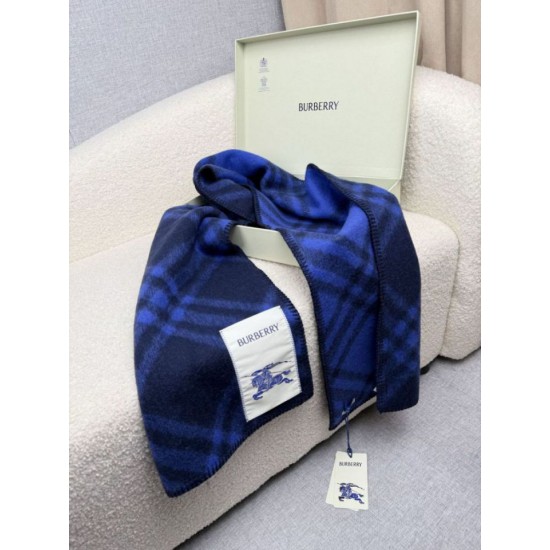 Replica Sciarpa/coperta lana con motivo check Burberry etichetta equestre 30 x 180 Blu