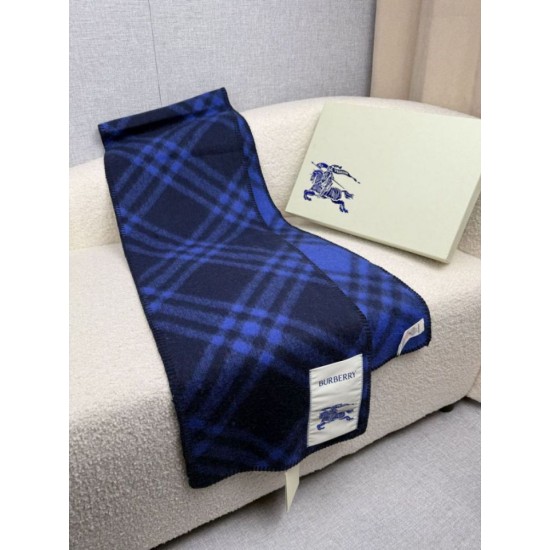 Replica Sciarpa/coperta lana con motivo check Burberry etichetta equestre 30 x 180 Blu