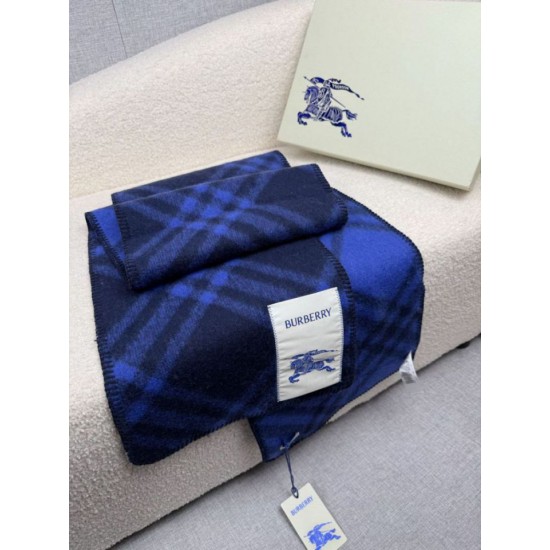 Replica Sciarpa/coperta lana con motivo check Burberry etichetta equestre 30 x 180 Blu