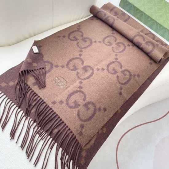 Replica Sciarpa reversibile Gucci GG cashmere marrone 50 x 190 Imitazioni Replica Sciarpa reversibile Gucci GG cashmere marrone 50 x 190