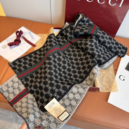 Replica Alta gamma falso Sciarpa reversibile cashmere a righe Gucci GG Web 30 x 180 Nero/marrone Imitazioni Replica Alta gamma falso Sciarpa reversibile cashmere a righe Gucci GG Web 30 x 180 Nero/marrone