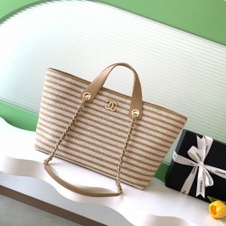 Replica Borsa shopping Tote Chanel Deauville AS6007 tela righe marrone