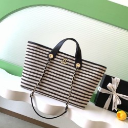 Replica Borsa shopping Tote Chanel Deauville AS6007 tela righe bianca/nero