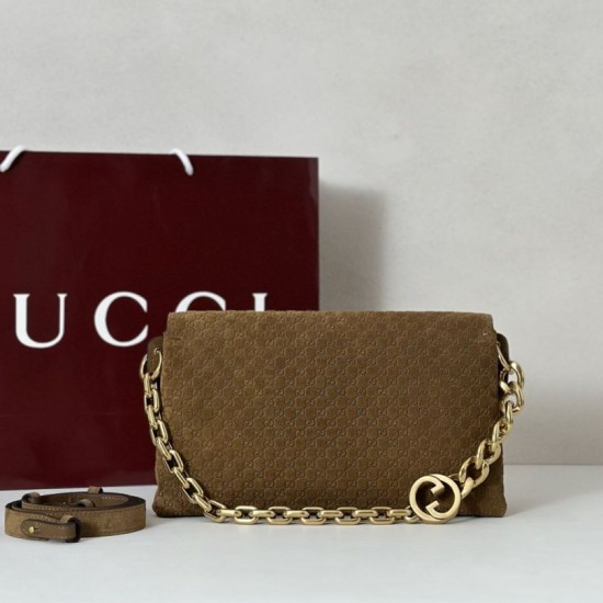 Replica Borsa a tracolla Gucci media con motivo GG goffrato e catena 857622 scamosciata marrone