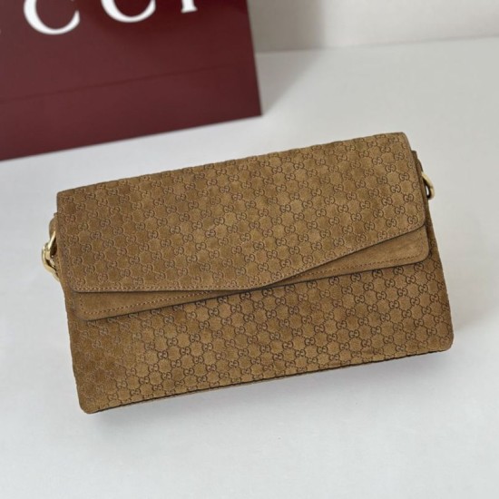 Replica Borsa a tracolla Gucci media con motivo GG goffrato e catena 857622 scamosciata marrone