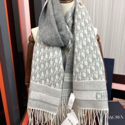 Replica Alta gamma Sciarpa frange Dior Oblique cashmere blu navy/écru 45 x 200 grigio
