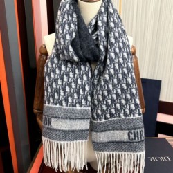 Replica Alta gamma Sciarpa frange Dior Oblique cashmere blu navy/écru 45 x 200 Blu