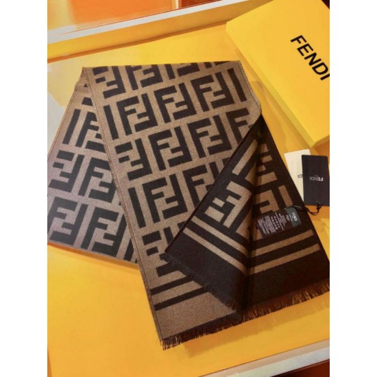 Replica Pari Sciarpa in misto lana con intarsio logo FF Fendi marrone 42 x 180
