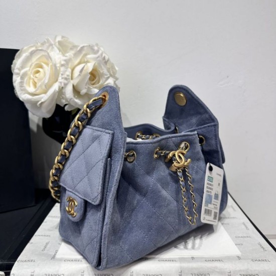 Replica di lusso Borsa a mano Chanel 25 Mini trapuntata AS5631 scamosciata Blu Imitazioni Cloni Borsa a mano Chanel 25 Mini trapuntata AS5631 scamosciata Blu firmate