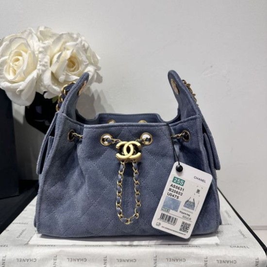 Replica di lusso Borsa a mano Chanel 25 Mini trapuntata AS5631 scamosciata Blu Imitazioni Cloni Borsa a mano Chanel 25 Mini trapuntata AS5631 scamosciata Blu firmate