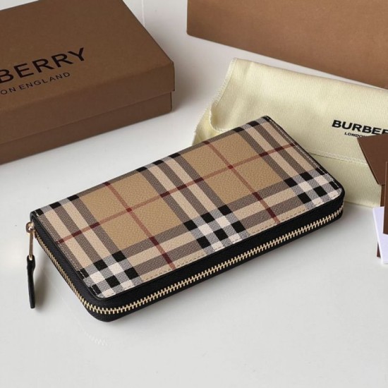 Replica di lusso Portafoglio con cerniera Burberry Vintage Check E-canvas Imitazioni Cloni Portafoglio con cerniera Burberry Vintage Check E-canvas firmate
