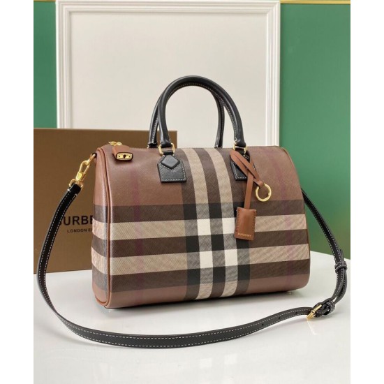 Replica di lusso Borsa bowling media Burberry Check marrone Imitazioni Cloni Borsa bowling media Burberry Check marrone firmate