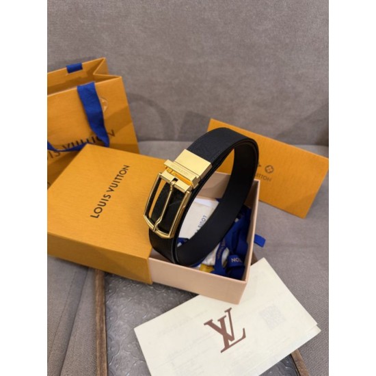 Replica di lusso Cinture reversibile pelle sottile Louis Vuitton da 35mm Nero oro Imitazioni Cloni Cinture reversibile pelle sottile Louis Vuitton da 35mm Nero oro firmate