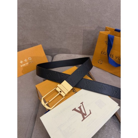Replica di lusso Cinture reversibile pelle sottile Louis Vuitton da 35mm Nero oro Imitazioni Cloni Cinture reversibile pelle sottile Louis Vuitton da 35mm Nero oro firmate