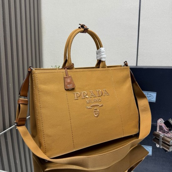 Replica di lusso Borse tote Prada Jardinière extra large in tela di cotone marrone Imitazioni Cloni Borse tote Prada Jardinière extra large in tela di cotone marrone firmate