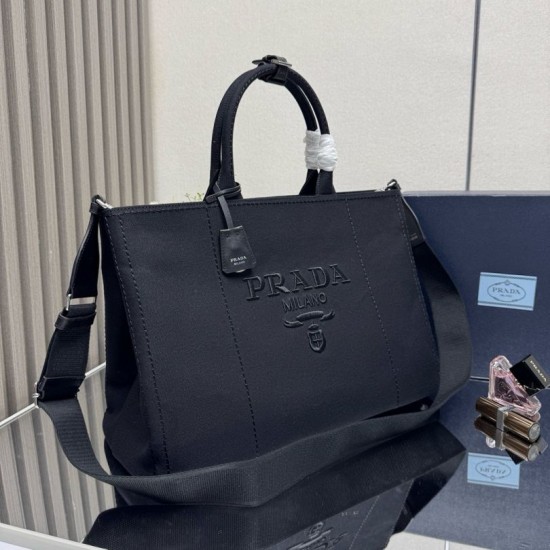 Replica di lusso Borse tote Prada Jardinière extra large in tela di cotone Nero Imitazioni Cloni Borse tote Prada Jardinière extra large in tela di cotone Nero firmate