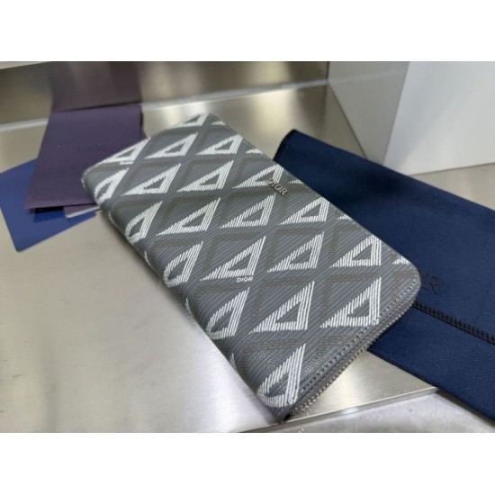 Cloni Alta gamma replica Portafoglio lungo con cerniera Dior in tela rivestita di diamanti grigio firmate