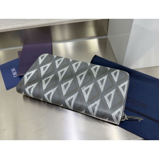 Cloni Alta gamma replica Portafoglio lungo con cerniera Dior in tela rivestita di diamanti grigio firmate