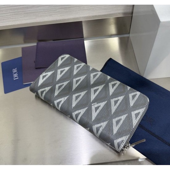 Cloni Alta gamma replica Portafoglio lungo con cerniera Dior in tela rivestita di diamanti grigio firmate