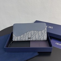 Portafoglio lungo con zip Dior Saddle tela jacquard Oblique grigia