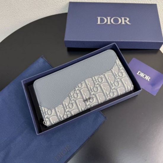 Replica di lusso Alta gamma Portafoglio lungo con zip Dior Saddle tela jacquard Oblique grigia Imitazioni Cloni Alta gamma replica Portafoglio lungo con zip Dior Saddle tela jacquard Oblique grigia firmate