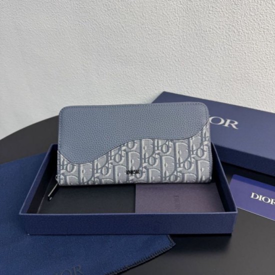 Replica di lusso Alta gamma Portafoglio lungo con zip Dior Saddle tela jacquard Oblique grigia Imitazioni Cloni Alta gamma replica Portafoglio lungo con zip Dior Saddle tela jacquard Oblique grigia firmate