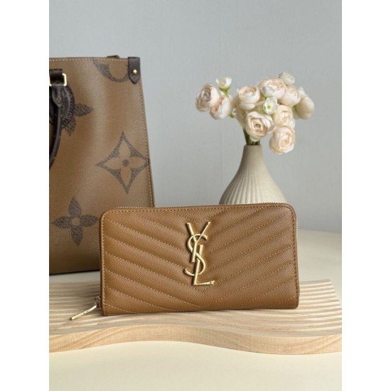 Cloni Alta gamma replica Portafoglio YSL Saint Laurent Monogram Continental con cerniera Caramello firmate