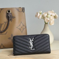 Cloni Pari replica Dettagli perfetti Portafoglio YSL Saint Laurent Monogram Continental con cerniera Nero Argento firmate