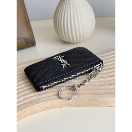Cloni Pari replica Porta carte con cerniera YSL Saint Laurent Cassandre Matelassé Fragments Nero Argento firmate