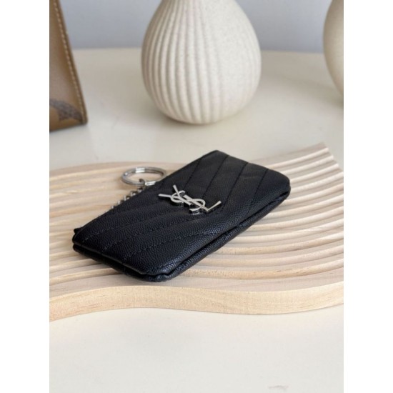Cloni Pari replica Porta carte con cerniera YSL Saint Laurent Cassandre Matelassé Fragments Nero Argento firmate