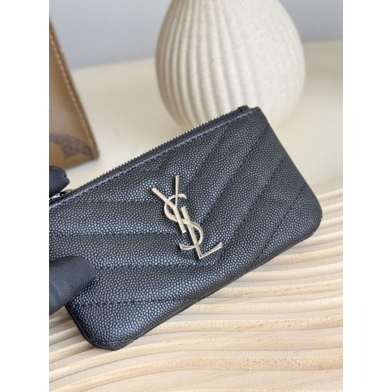 Cloni Pari replica Porta carte con cerniera YSL Saint Laurent Cassandre Matelassé Fragments Nero Argento firmate
