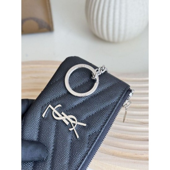 Cloni Pari replica Porta carte con cerniera YSL Saint Laurent Cassandre Matelassé Fragments Nero Argento firmate