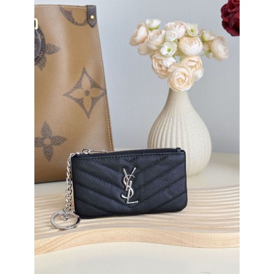 Cloni Pari replica Porta carte con cerniera YSL Saint Laurent Cassandre Matelassé Fragments Nero Argento firmate