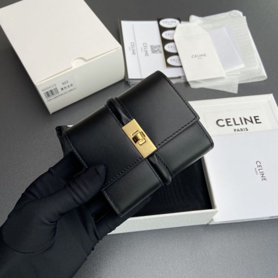 Replica di lusso Portafoglio piccolo a tre ante CELINE 16 in pelle di vitello satinata Nero Imitazioni Cloni Portafoglio piccolo a tre ante CELINE 16 in pelle di vitello satinata Nero firmate