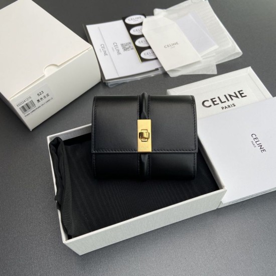 Replica di lusso Portafoglio piccolo a tre ante CELINE 16 in pelle di vitello satinata Nero Imitazioni Cloni Portafoglio piccolo a tre ante CELINE 16 in pelle di vitello satinata Nero firmate