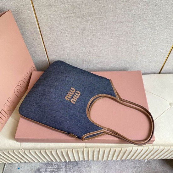 Replica di lusso Borsa a tracolla Miu Miu Ivy denim con finiture pelle 5BG231 Blu Imitazioni Cloni Borsa a tracolla Miu Miu Ivy denim con finiture pelle 5BG231 Blu firmate
