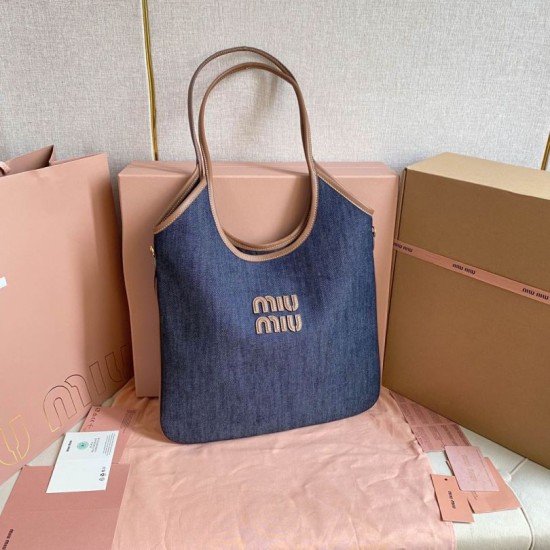 Replica di lusso Borsa a tracolla Miu Miu Ivy denim con finiture pelle 5BG231 Blu Imitazioni Cloni Borsa a tracolla Miu Miu Ivy denim con finiture pelle 5BG231 Blu firmate