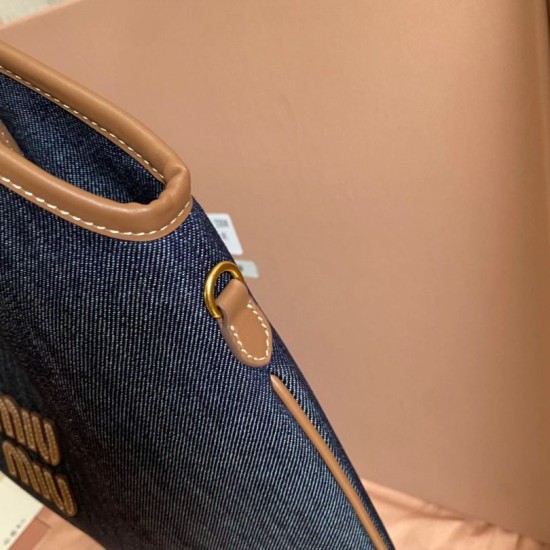 Replica di lusso Borsa a tracolla Miu Miu Ivy denim con finiture pelle 5BG231 Blu Imitazioni Cloni Borsa a tracolla Miu Miu Ivy denim con finiture pelle 5BG231 Blu firmate