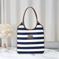 Cloni Imitazioni borse griffate tote tela Ivy di Miu Miu 5BG231 blu navy con righe bianche  firmate
