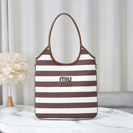 Cloni Borsa a tracolla Miu Miu Ivy tela a righe e pelle 5BG231 caffè chiaro firmate