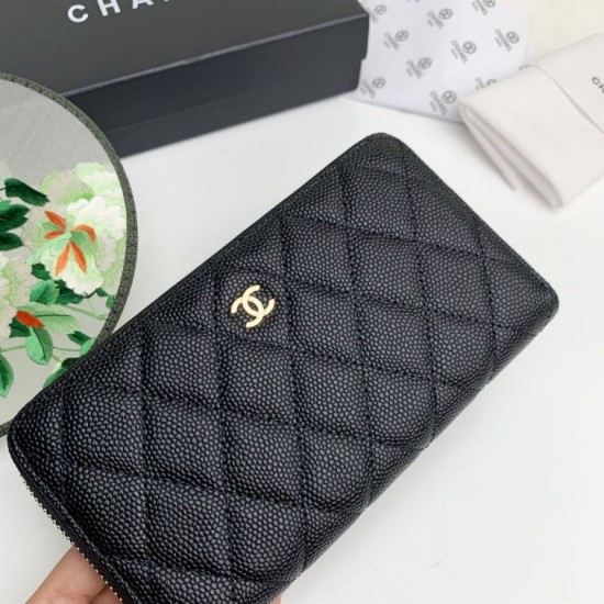 Cloni Portafoglio grande Chanel Caviar trapuntato con soffietto e cerniera nero  firmate