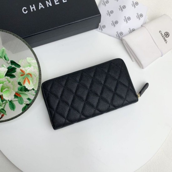 Cloni Portafoglio grande Chanel Caviar trapuntato con soffietto e cerniera nero  firmate