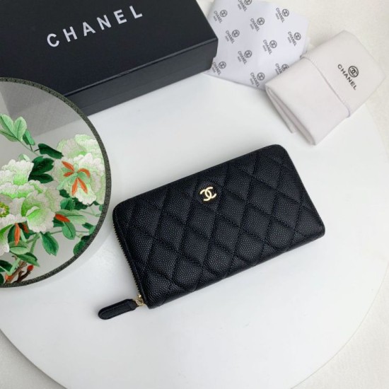 Cloni Portafoglio grande Chanel Caviar trapuntato con soffietto e cerniera nero  firmate