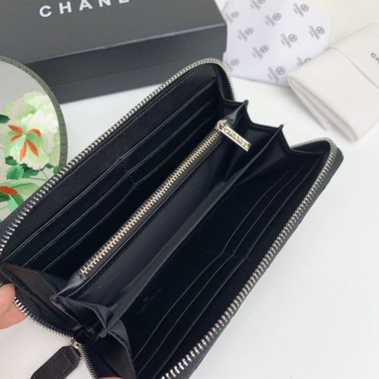 Replica di lusso Portafoglio Chanel Caviar trapuntato con soffietto e cerniera nero Imitazioni Cloni Portafoglio Chanel Caviar trapuntato con soffietto e cerniera nero firmate