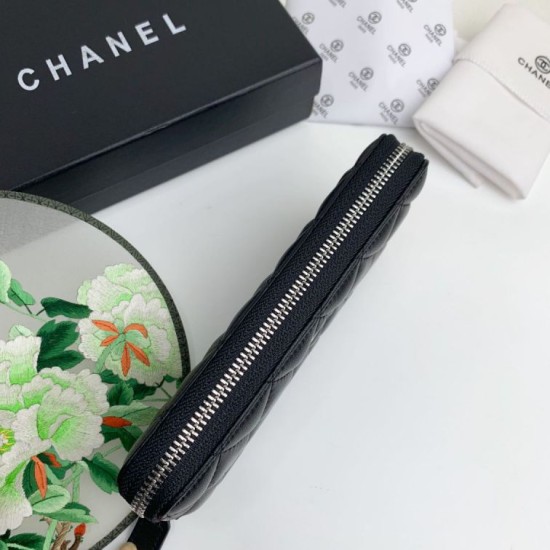 Replica di lusso Portafoglio Chanel Caviar trapuntato con soffietto e cerniera nero Imitazioni Cloni Portafoglio Chanel Caviar trapuntato con soffietto e cerniera nero firmate