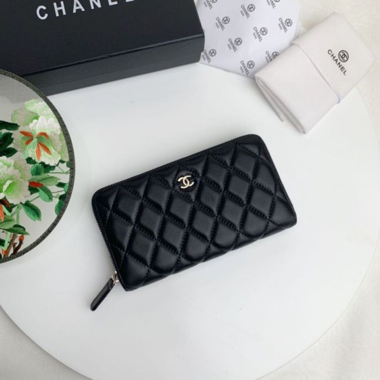 Replica di lusso Portafoglio Chanel Caviar trapuntato con soffietto e cerniera nero Imitazioni Cloni Portafoglio Chanel Caviar trapuntato con soffietto e cerniera nero firmate