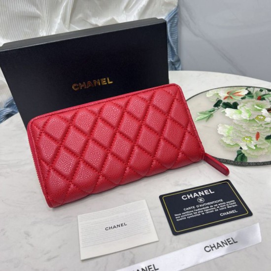 Replica Borse Dettagli perfetti Portafoglio Chanel con cerniera pelle trapuntata rosso caviale firmate