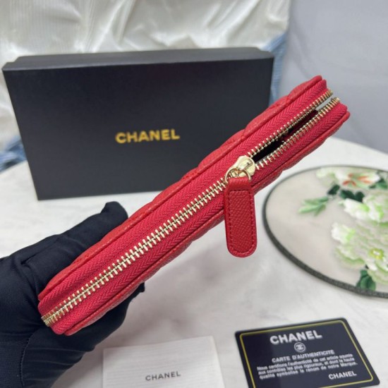 Replica Borse Dettagli perfetti Portafoglio Chanel con cerniera pelle trapuntata rosso caviale firmate