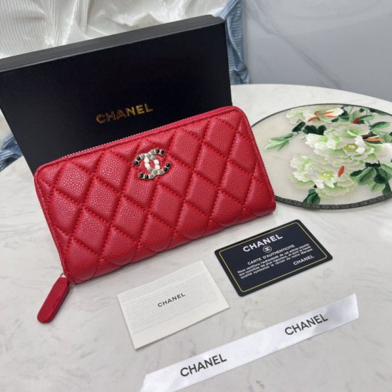 Replica Borse Dettagli perfetti Portafoglio Chanel con cerniera pelle trapuntata rosso caviale firmate